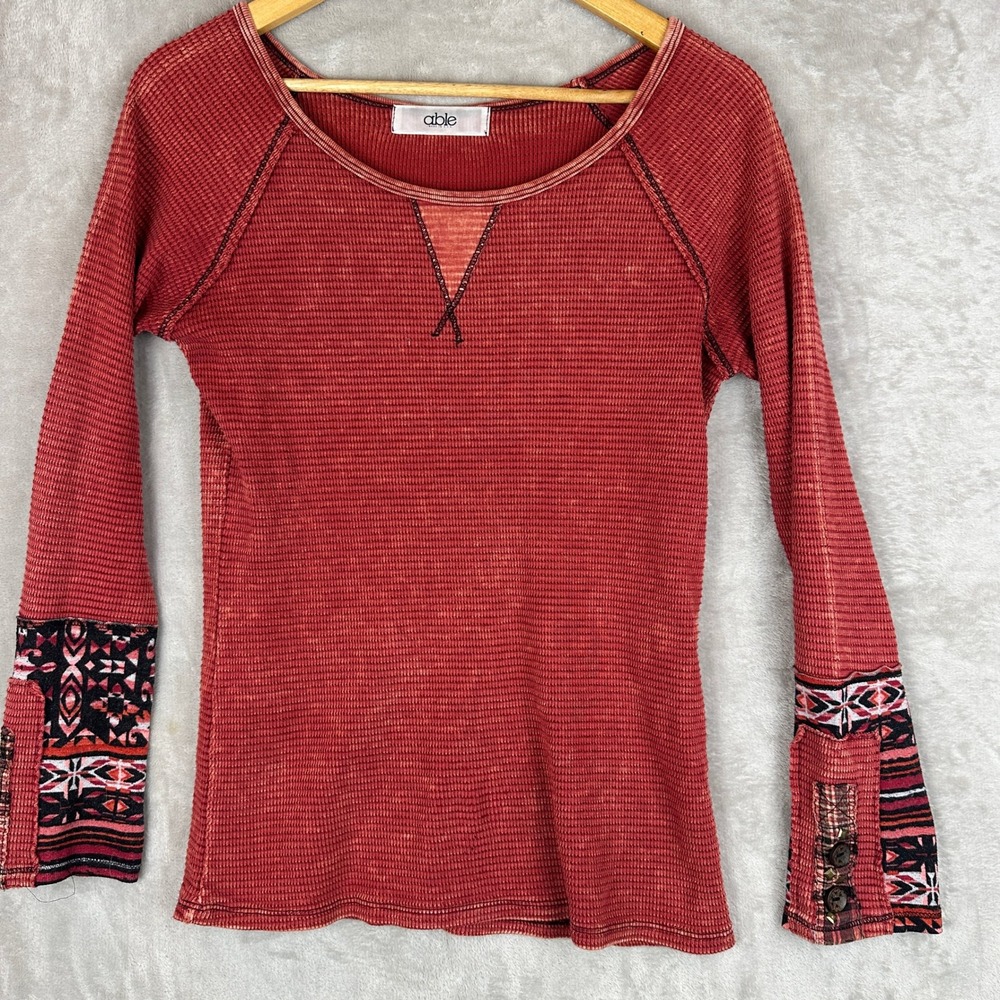 Able Womens S Red Waffle Knit Thermal Top Tribal Print Button Cuff Made in USA